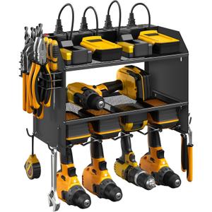 CCCEI Modular Power Tool Organizer Wall Mount with Charging Station. Garage Drill Storage Shelf with Hooks, Heavy Duty Rack, Tool Battery Holder Built in 8 Outlet. Gift for Men. Black, 1 Pack.
