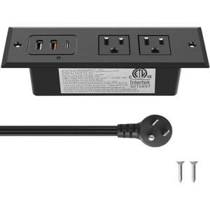 CCCEI Recessed Power Strip with 20W USB C Port, Fast Charging USB A Port Desk Outlet, Furniture Hidden Charging Station for Side Table, End Table, with 6FT 45 Degree Flat Plug Extension Cord, Black