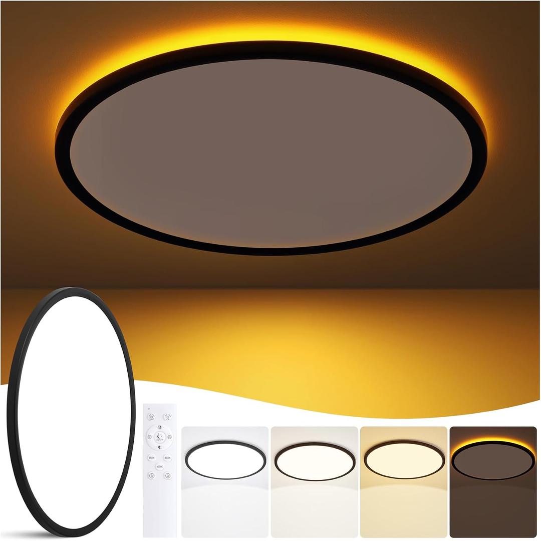 19 Inch Flush Mount Ceiling Light with Night Light, 45W 4500LM, Dimmable LED Ceiling Lights Fixture with Remote Control, 3000K/4000K/6500K Selectable, Slim Bright Bedroom Light Fixture, Round Black