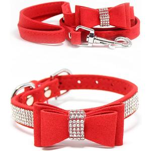 Dazzling Rhinestone Dog Collar with Soft Fabric and Crystal Bow Tie - Elegant and Glamorous Puppy Collars for Small Dogs with Leash in Red, XXS