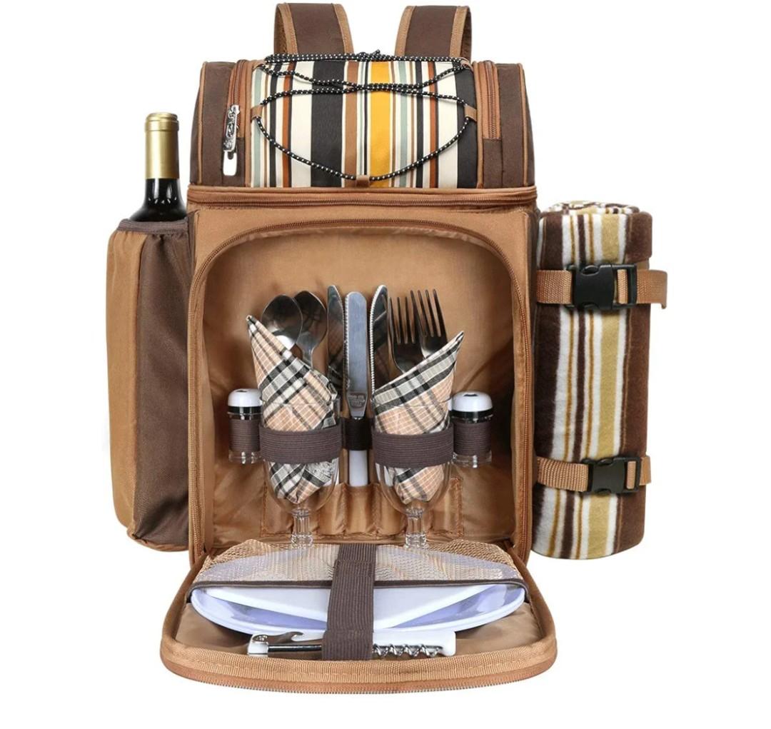 Hap Tim Picnic Basket Backpack for 2 Person with 2 Insulated Cooler Compartment, Wine Holder, Fleece Blanket, Cutlery Set, Wedding Gifts for Couples, Bridal Shower Gifts, Engagement Gifts