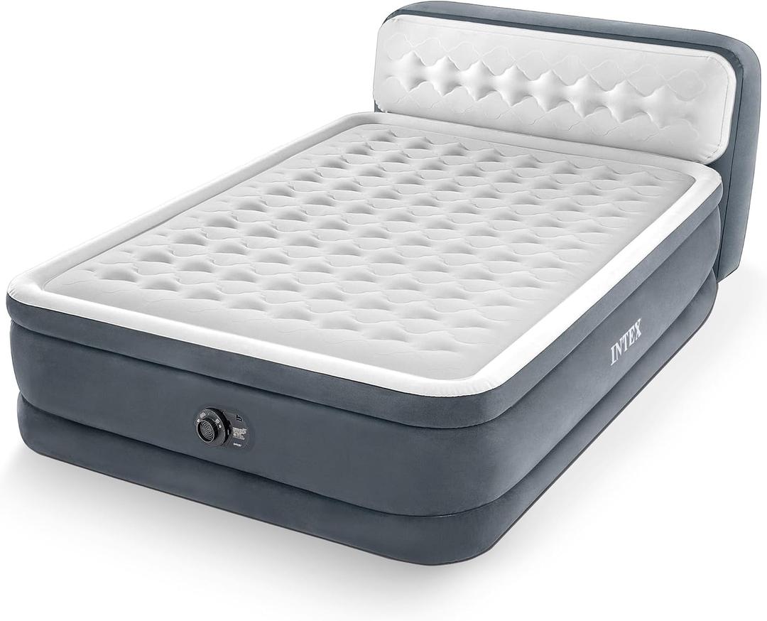 Intex 64447ED Dura-Beam Deluxe Ultra Plush Air Mattress with Headboard: Fiber-Tech – Queen Size – Built-in Electric Pump – 18in Bed Height – 600lb Weight Capacity