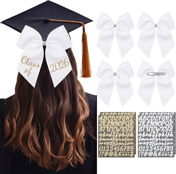 1 PCS Graduation Cap Bow Class of 2026 8 Inch DIY Hair Accessories with Glitter Letter Stickers for Cap Decorations