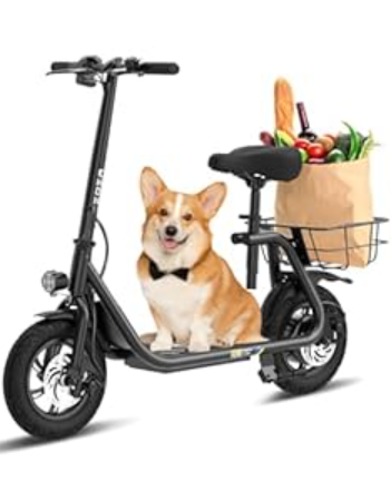 Electric Scooter with Seat ZD06, 800W Peak Motor, 20 Mile Range & 15.5 Mph, Key Start, Foldable EScooter with Carry Basket for Pets & Cargo, Electrically Powered Motor Scooters