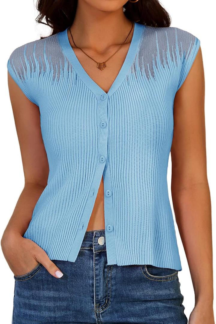 DRESSTELLS Summer Vest Tops for Women 2025 Sweater Vests Button Up Tank Top Y2K Caual Business Knit Shirts (Blue, M)