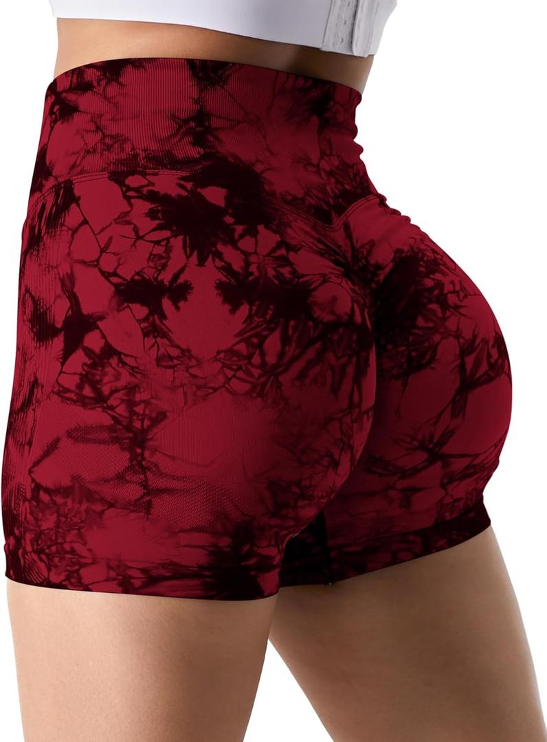 YEOREO Professional Women Workout Shorts 3.6" Scrunch Shorts Seamless High Waisted Contour Gym Yoga Biker Shorts (Medium, Tie Dye Red)