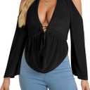 Women Sexy Going Out Halter Tie Backless Top Velvet Cold Shoulder Long Sleeve Ruched Ring Blouse Clubwear Shirt Party Night Out Date Fall Winter (Black, S)