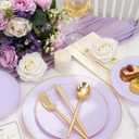 bUCLA 150PCS Purple Plastic Plates - Light Purple and Gold Disposable - Include 25 Each (Dinner & Dessert) lavender Plates, 25 Knives, 25 Forks, 25 Spoons & 25 Cups for Party, Birthday & Wedding