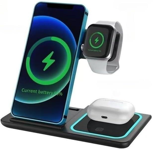 3-in-1 Wireless Charging Station Fast Wireless Charger for iPhone, Apple Watch & AirPods Foldable Charger Stand with Night Light 15W Qi Certified Charger Dock Type-C Cable Included