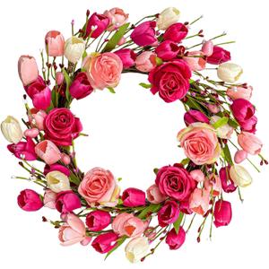 20 Inch Wreaths for Front Door - Artificial Wreath for Front Door Outside with Pink Red Roses & Tulips - Spring Floral Decor for Porch Wall Home Wedding