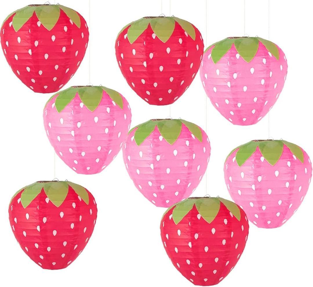 8PCS Red and Pink Strawberry Lanterns for Fruit Themed Party Decor Kids Birthday Strawberry Decorations Hungry Caterpillar Party Supplies Hanging Ornaments