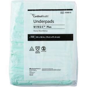 5x Cardinal Health™ Underpads, Wings™ Plus, Heavy Absorbency, Green, 958B10, 30 x 36IN, Pack of 10
