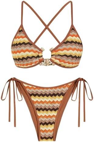 ZAFUL Women's Sexy Cutout Bikini Set High Cut Textured Metal Ring Cheeky Swimsuit Two Piece Bathing Suit, Size M