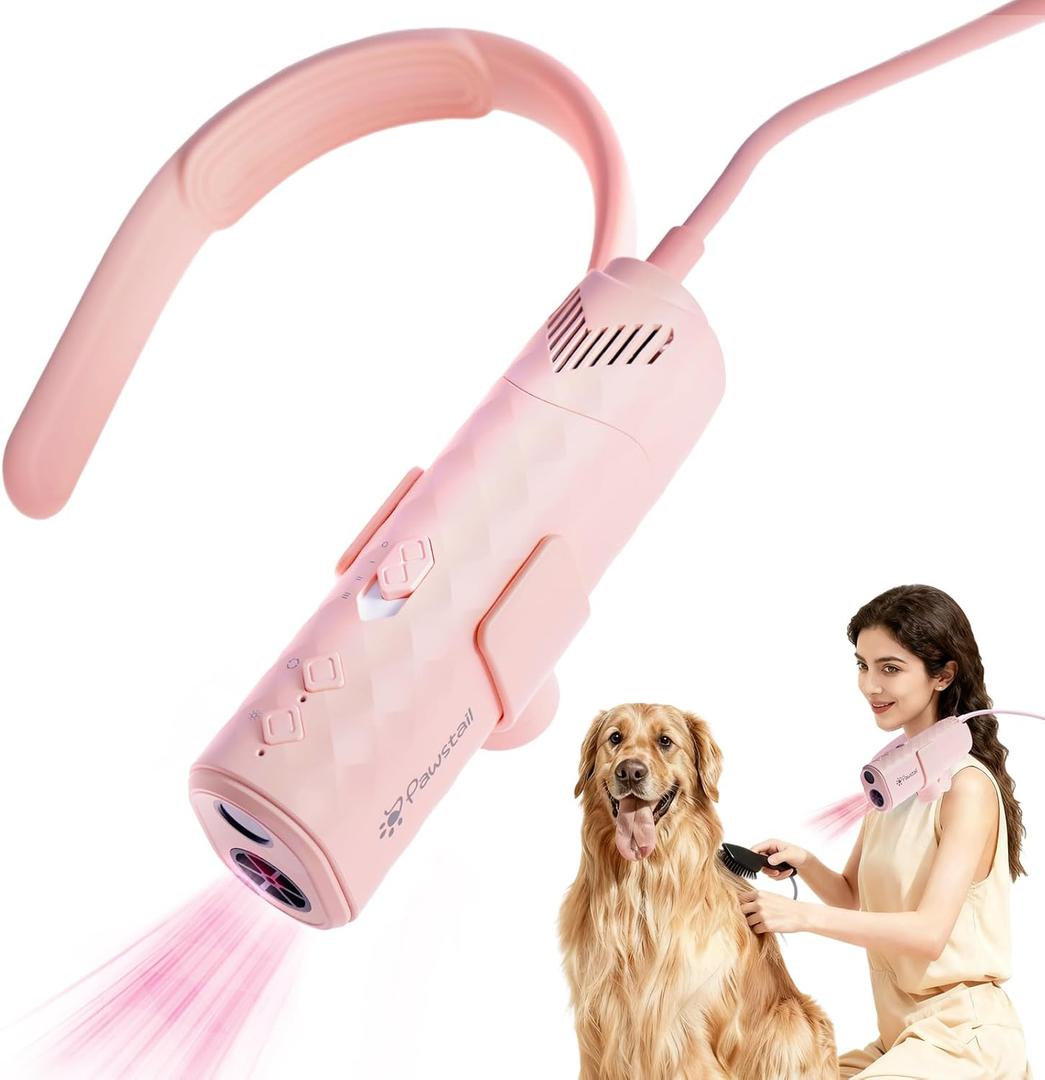 Dog Dryer for Pet Grooming,Pet Neck-Hanging Hair Dryer,Alternating Hot and Cold Airflow.Handheld & Hands-Free.Low-Noise, Ultra-Lightweight.High Wind Speeds.Adjustable Heat & Speed Pink