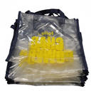 small clear tote bag, " CHAD POWERS" logo, navy blue straps, yellow logo, 10 pack