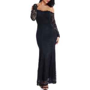 LALAGEN Women's Floral Lace Long Sleeve Off Shoulder Wedding Mermaid Dress (Large, Black1)