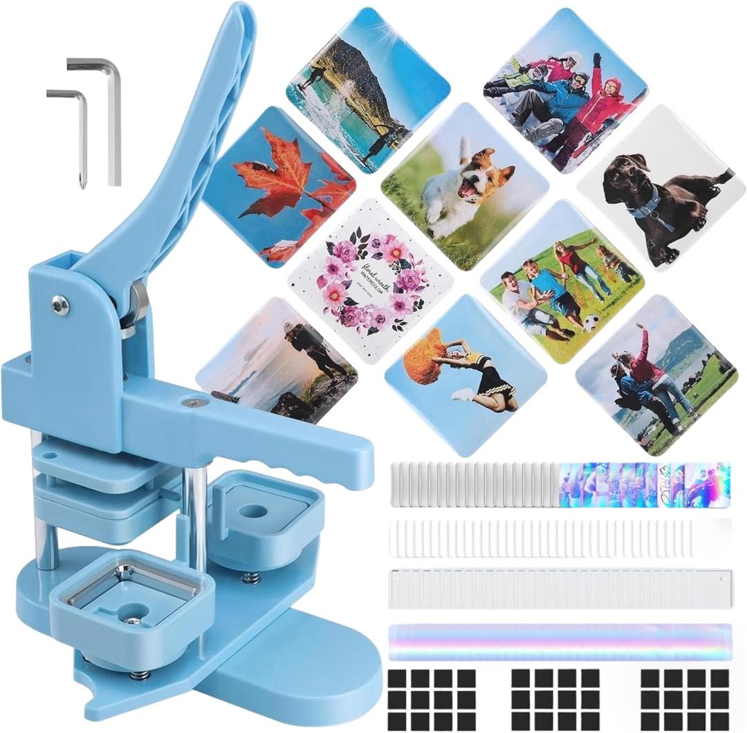 Square Photo Magnet Button Maker Kit - Holographic Film 2'' x 2'' Button Press Machine with 100 Set Fridge Magnet Making Supplies(Metal Cover, Film, Back Inserts), for Craft, Home, Small Business