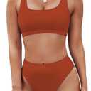 Pink Queen Women's Crop Top High Waisted Cheeky Bikini Set Two Piece Swimsuits, Medium, Burnt Orange