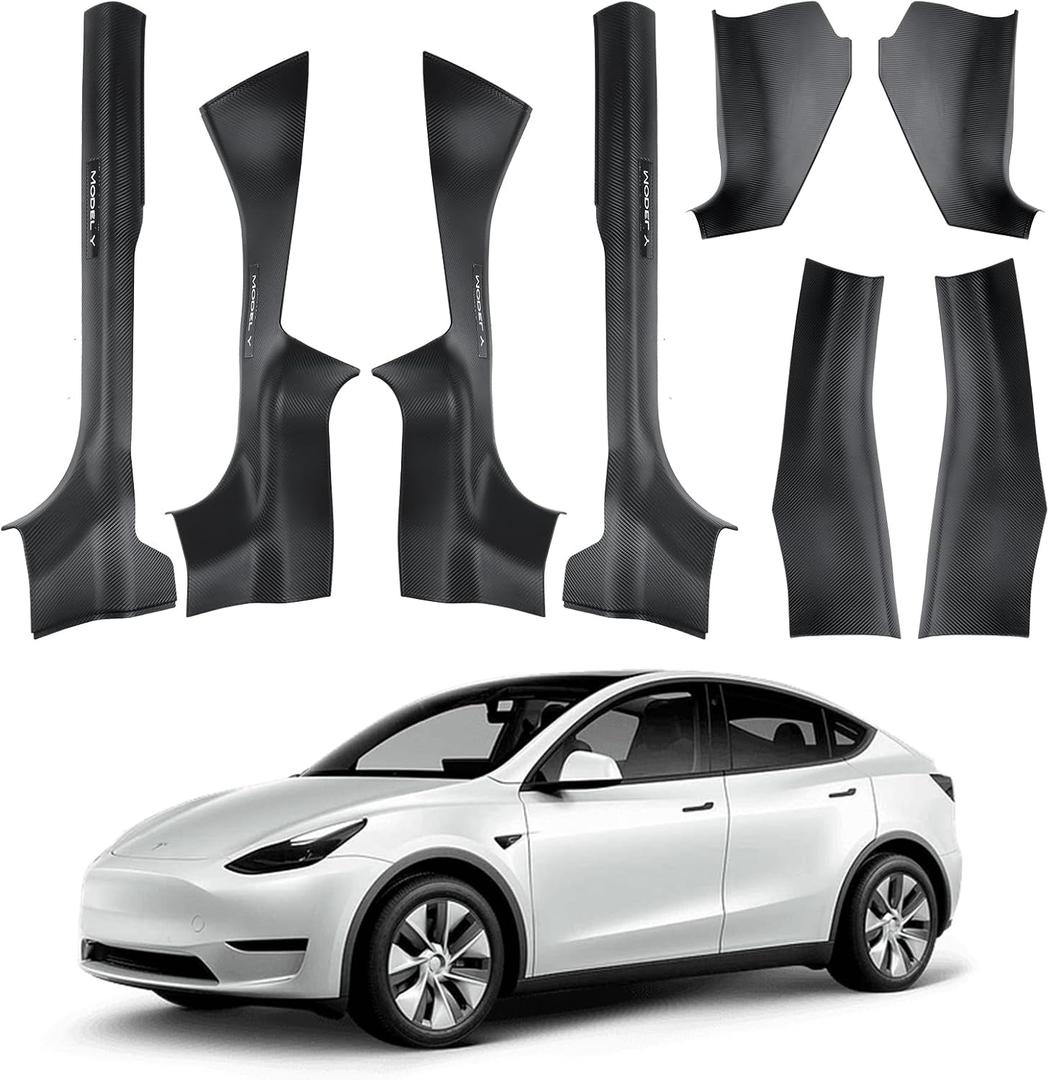 8PCS Door Sill Protector for 5-Seats Tesla Model Y Juniper 2025-2026 - Anti-Kick Carbon Fiber Pattern Entry Guard - Anti-Scuff Waterproof Door Cover - No Drill Installation ABS Hard Interior Kick Pad