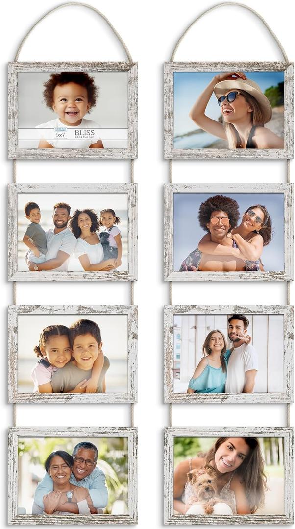 Icona Bay - 5x7 Wall Hanging Picture Frames Collage with 8 Openings - Distressed White, 2 Pack - Casual Style Engineered Wood Frames - Wall Mount Only - Bliss Collection