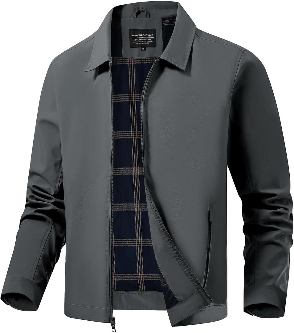 WHN Men's Lightweight Windbreaker Jackets Casual Coat Zip Up Laydown Collar Fall Spring Golf Work Dress Business Dark Grey L