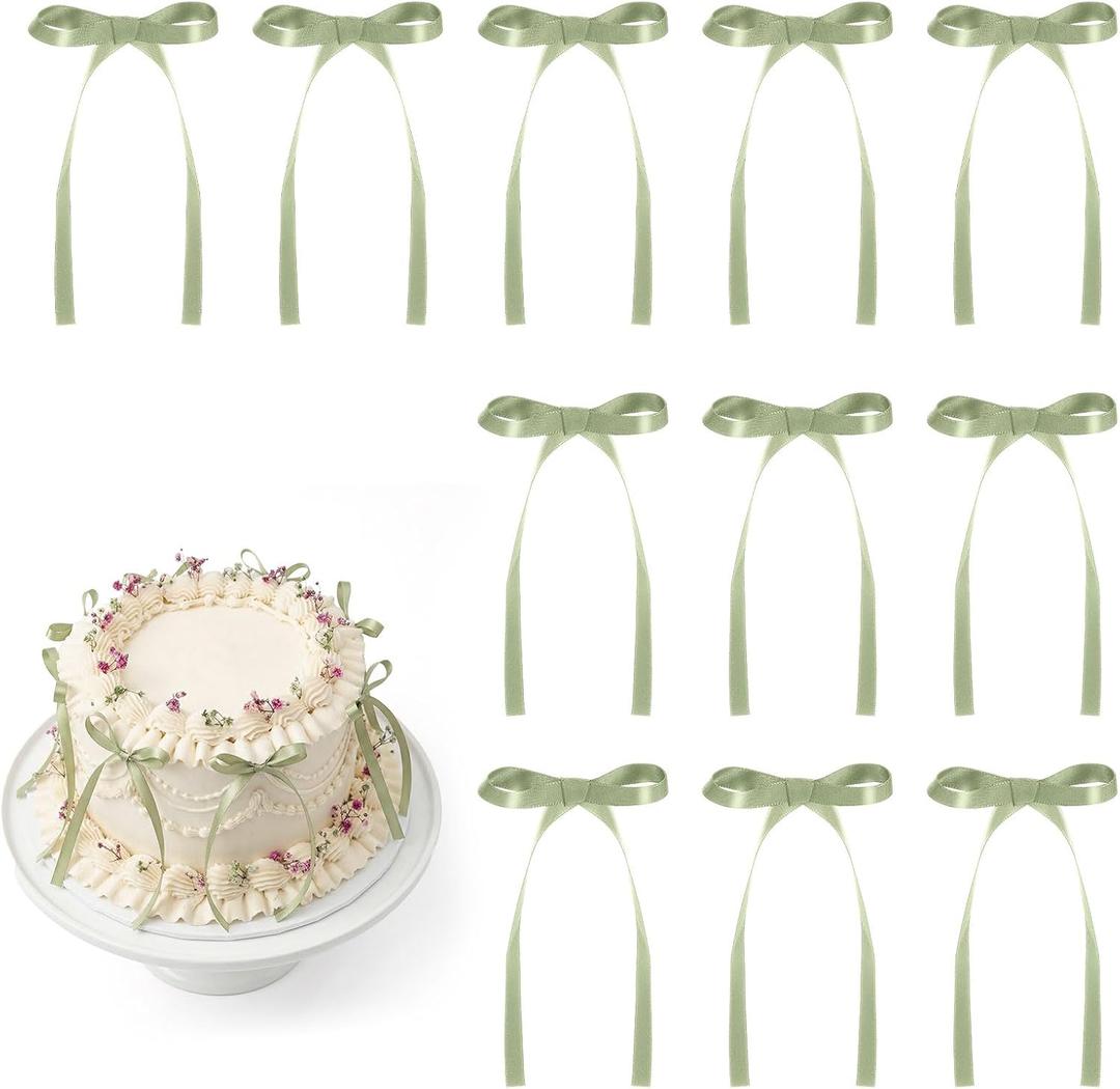 30 Pack Bow Cake Toppers Sage Green Ribbon Bows for Cake Bow Cupcake Toppers Sage Green Bow Birthday Decorations for Sweet 16 Party Decorations Wedding Bridal Baby Shower Engagement Party
