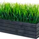 MyGift 14 Inch Artificial Green Grass Plant in Vintage Black Wood Planter Window Box, Faux Greenery in Decorative Rectangular Crate Style Wooden Container