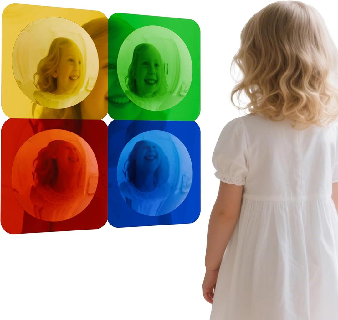 4 Pcs Sensory Wall Mirror Acrylic Bubble Mirror Wall Decoration for Kids Classroom Kindergarten Sensory Room Science Classroom Decompression Space (10 x 10 Inch,Red,Yellow,Green,Blue)