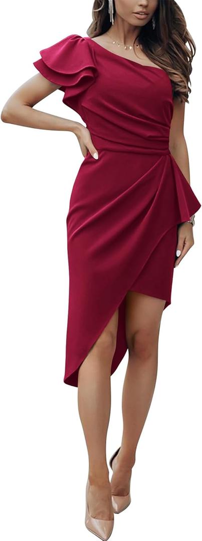 BTFBM Women 2025 Summer Fashion Elegant One Shoulder Cocktail Dress Ruffle Sleeve Wrap Ruched Bodycon Short Party Dresses (Small, Wine Red)