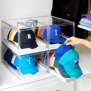 Vtopmart 4 Pack Hat Organizer for Baseball Caps, Clear Hats Holder Box with Drawer, Large Cap Storage with Sliding Tray, Stackable Rack Display Case with Magnetic Door, Each Holds 12 Hats