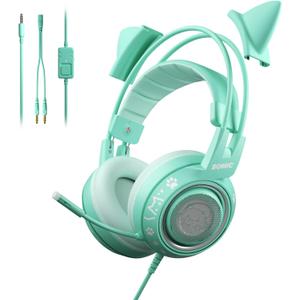SOMIC G951S Green Gaming Headset with Microphone for PS4, PS5, Xbox One, PC, Cat Ear Headphones Over Ear with in-Line Mic Control, Stereo Sound for Girls, Woman