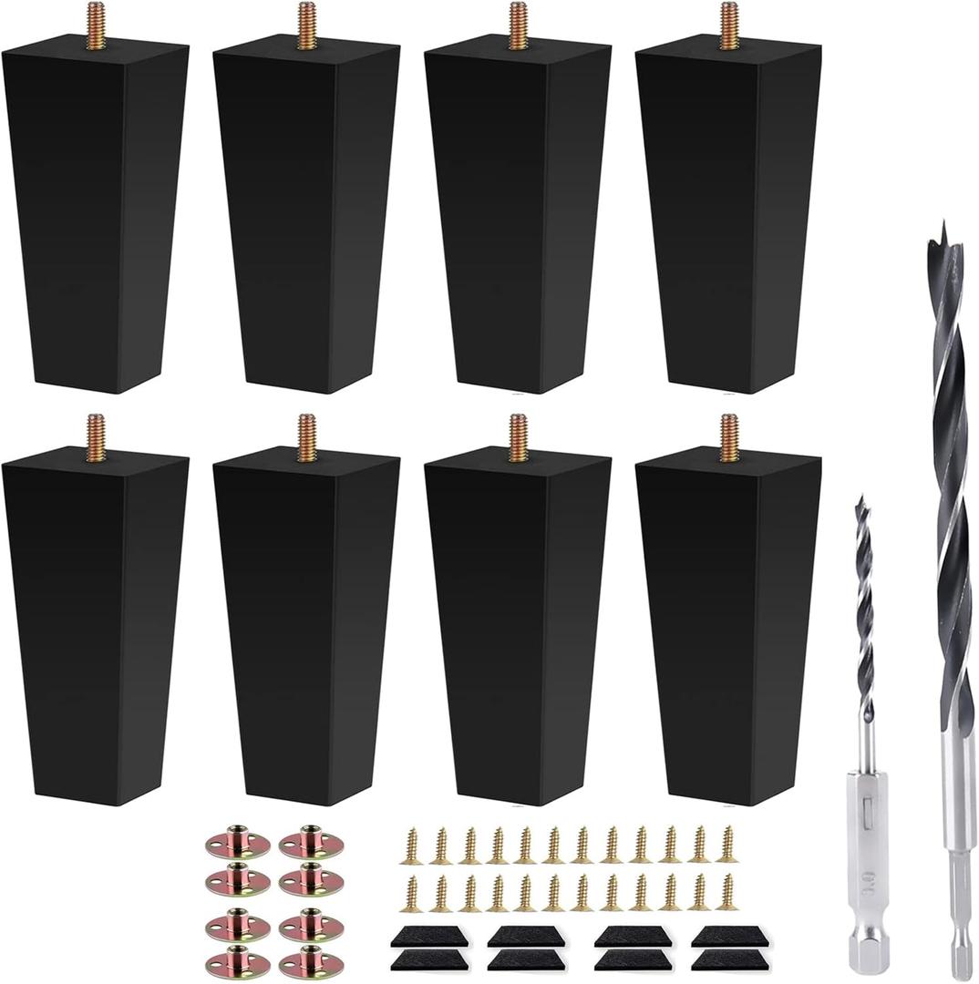 Sofa Legs Square Bed Feet 5 inch Wood Replacement Leg for Furniture Set of 8,Black (5", 8set)