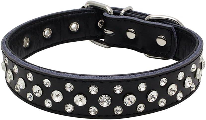 Rhinestones Dog Collar, Adjustable Sparkly Crystal Studded Genuine Leather Pet Dog Collar for Small and Medium Dogs (M, Black)