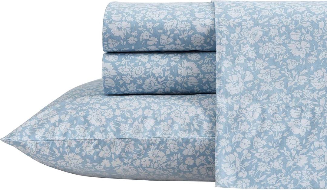 Laura Ashley - Twin Sheets, Cotton Percale Bedding Set, Lightweight & Breathable Home Decor (Heirloom Ditzy Blue, Twin)