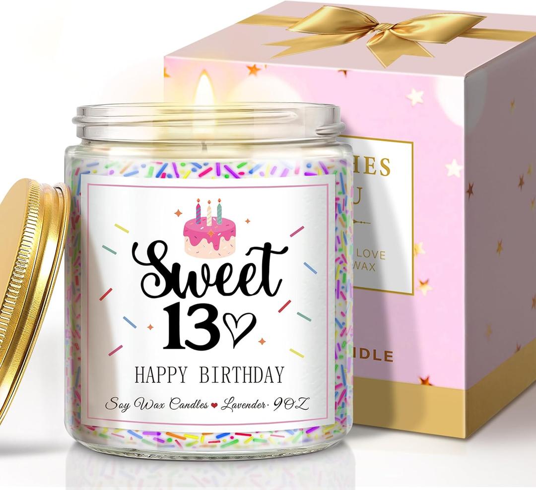 13th Birthday Gifts for Girls, Happy Birthday Candle with Sprinkles, Unique 13Year Old Gifts for Her Sister Best Friends Daughter Bestie Turning 13 Birthday Present