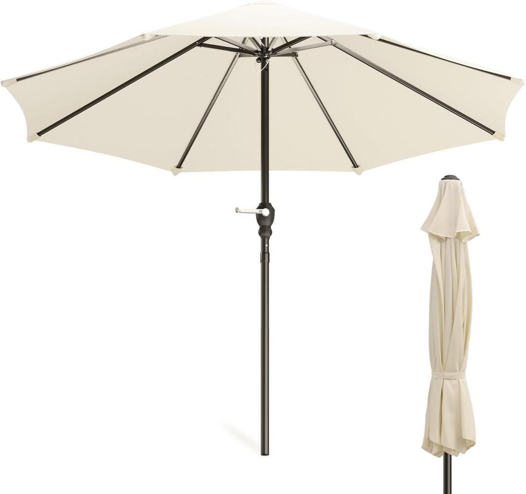 MoNiBloom 9 ft Patio Umbrella with 8 Steel Ribs and Crank Outdoor Table Market Crank Lift Fixed Height Sturdy Metal Frame Waterproof Umbrella for Garden Deck Backyard Pool, Beige