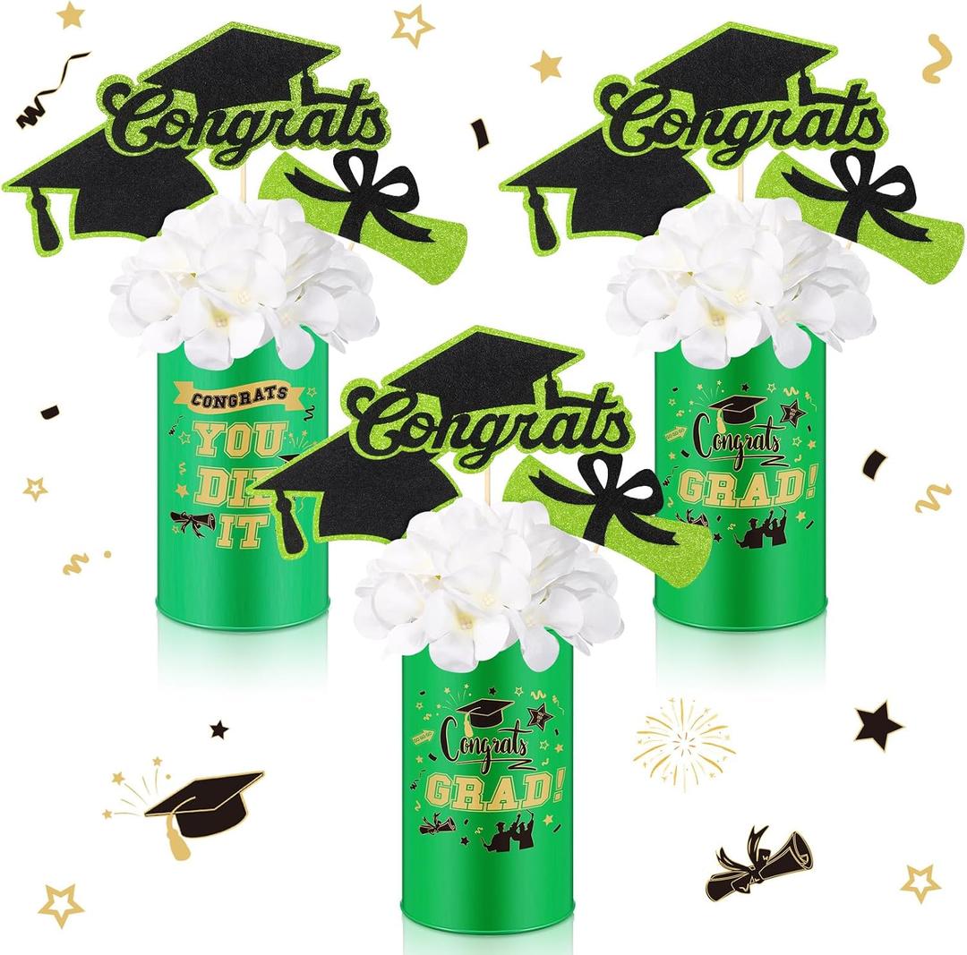 Domensi 3 Sets Graduation Table Centerpiece Decorations Green and Gold Class of 2026 Includes 3 Silk Artificial Flower 9 Congrats Grad Sticks Picks Toppers 3 Metal Vases for Home Party Supplies Gifts