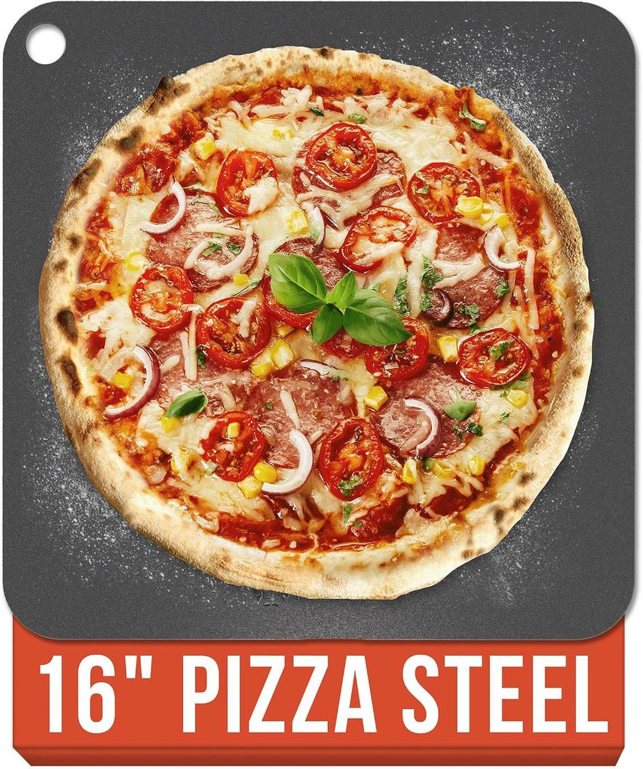 Chef Pomodoro Pizza Steel for Oven 16 Inch 1/4 Inch Thick, Baking Steel for Oven, Grill, Sourdough Bread, Baking Stone for Oven With Lifting H oles 16" X 16" (40.6 x 40.6 cm)