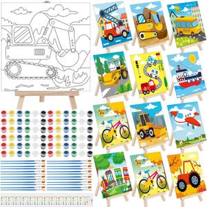 Tenceur 12 Sets Pre Drawn Canvas to Paint Adult Stretched Coloring Painting Canvas Panels with Design Easel and Brushes for Party Supplies Beginner Favor(Traffic)