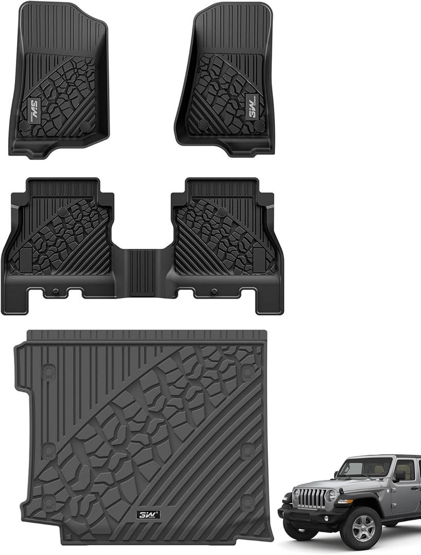 3W Floor Mats&Cargo Liner Compatible for Jeep Wrangler JL 2018-2025 2026 Unlimited 4-Door with Subwoofer (Non JK or 4XE) All-Weather TPE Floor Liner for 1st, 2nd Row and Trunk Full Set Car Mats,Black