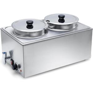 SYBO Food Warmer Steam Table Easy to Clean Commercial Grade Stainless Steel Bain Marie Buffet for Catering and Restaurants ETL, CE ROHS Certified for Commercial, Safety (2 Round Pots with Tap)