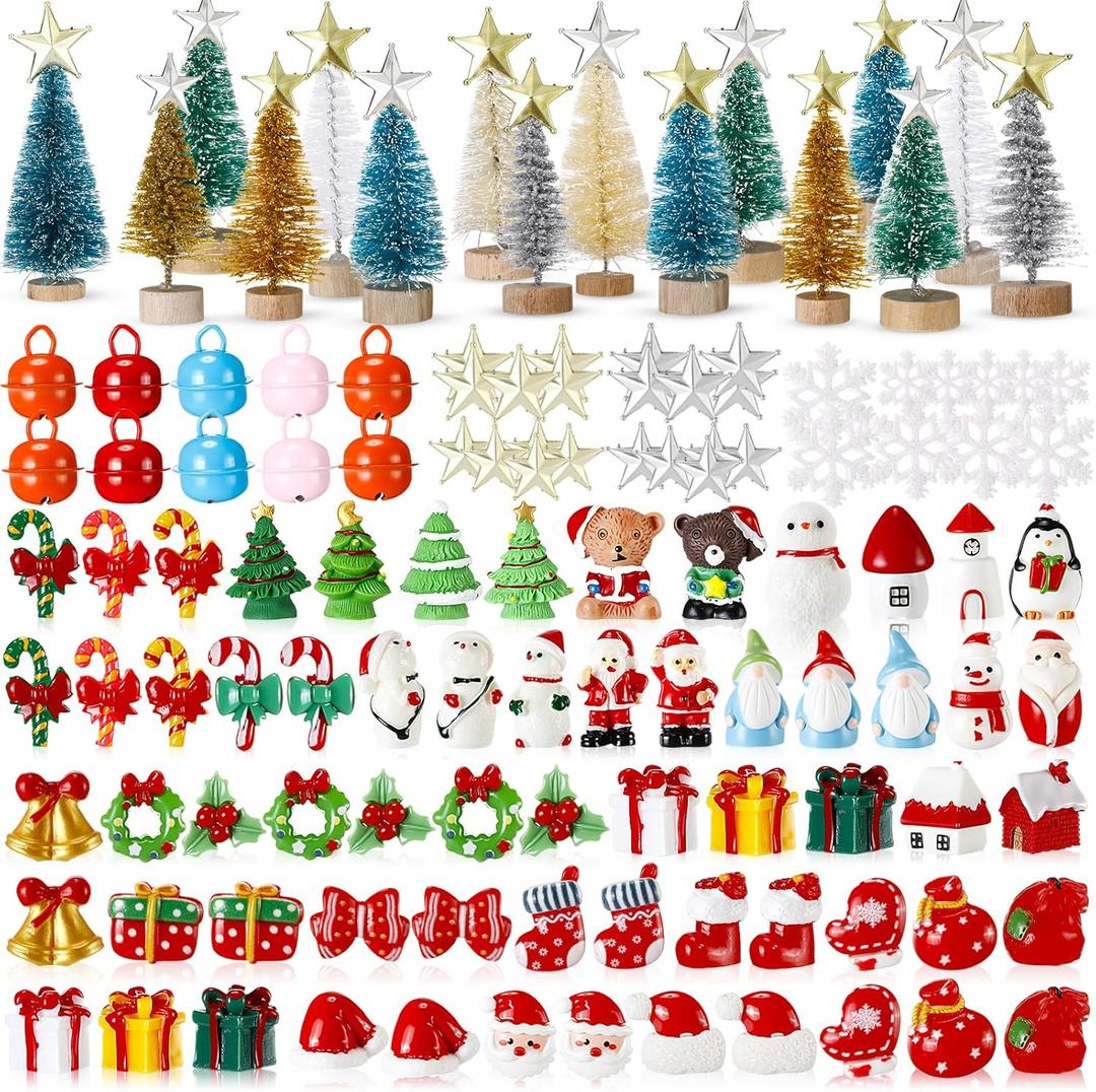 Jenaai 120 Pcs Miniature Christmas Ornaments for Snow Globe Kit DIY Christmas Village Decorations Xmas Figurines Mini Ornaments with Snowman, Reindeer, Santa Claus, Snowflakes