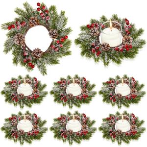 8 Pcs Christmas Candle Rings Mini Wreaths, Artificial Red Berries Snowy Pine Needles Pinecones Garland Candle Rings Holder for Christmas Table Centerpieces Door Window Wedding Party Decor (Green)