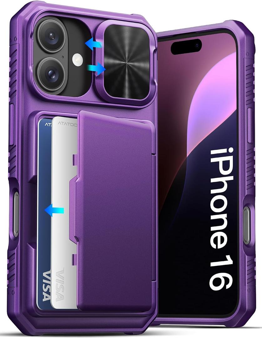 ATATOO for iPhone 16 Case Wallet with Card Holder (Store 3-5 Cards) & Slide Lens Cover, Military Grade Protection, Rugged Shockproof Wallet Phone Case for iPhone 16 6.1", Dark Purple