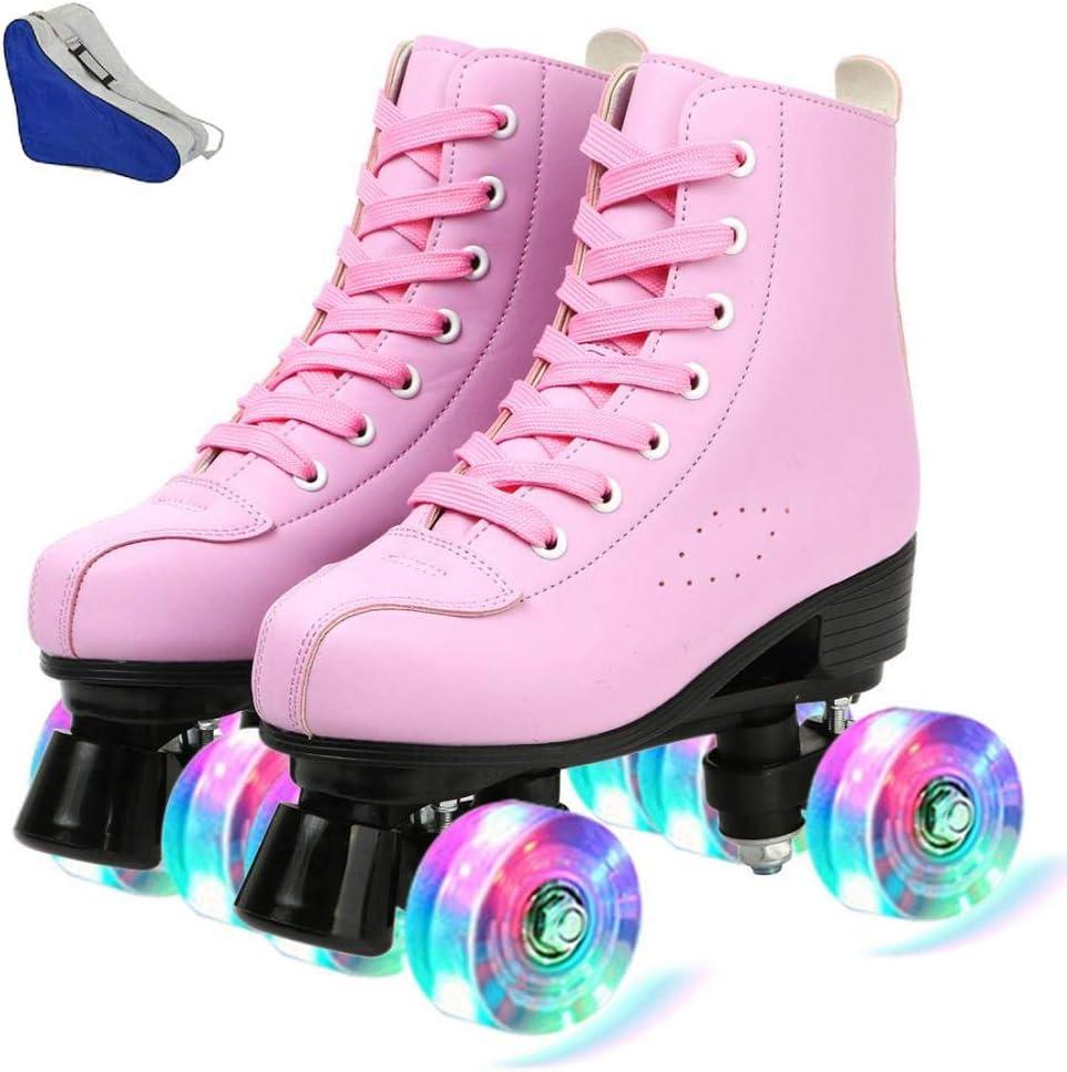 Gets Roller Skates for Women Men 4 Wheels Light Up Indoor Outdoor Roller Skate, High Top PU Leather Beginner Double Row Unisex Roller Skates for Kid Girls, W 6.5, M 5.5 (Pink Flash)