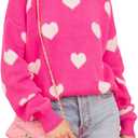 Heart Sweater for Women Valentines Cute Print Crewneck Long Sleeve Oversized Love Sweaters Knit Pullover Tops (X-Large, Bright Rose)