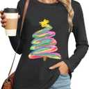 Merry Christmas Shirts for Women Funny Christmas Tree Graphic T-Shirt Xmas Casual Long Sleeve Pullover Tops (Small, Dark Grey)