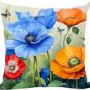 Ramirar Ink Oil Painting Watercolor Pink Yellow Poppy Flowers Green Buds Decorative Throw Pillow Cover Case Home Living Room Bed Sofa Car Cotton Linen Square 18 x 18 Inches, 2 Pack