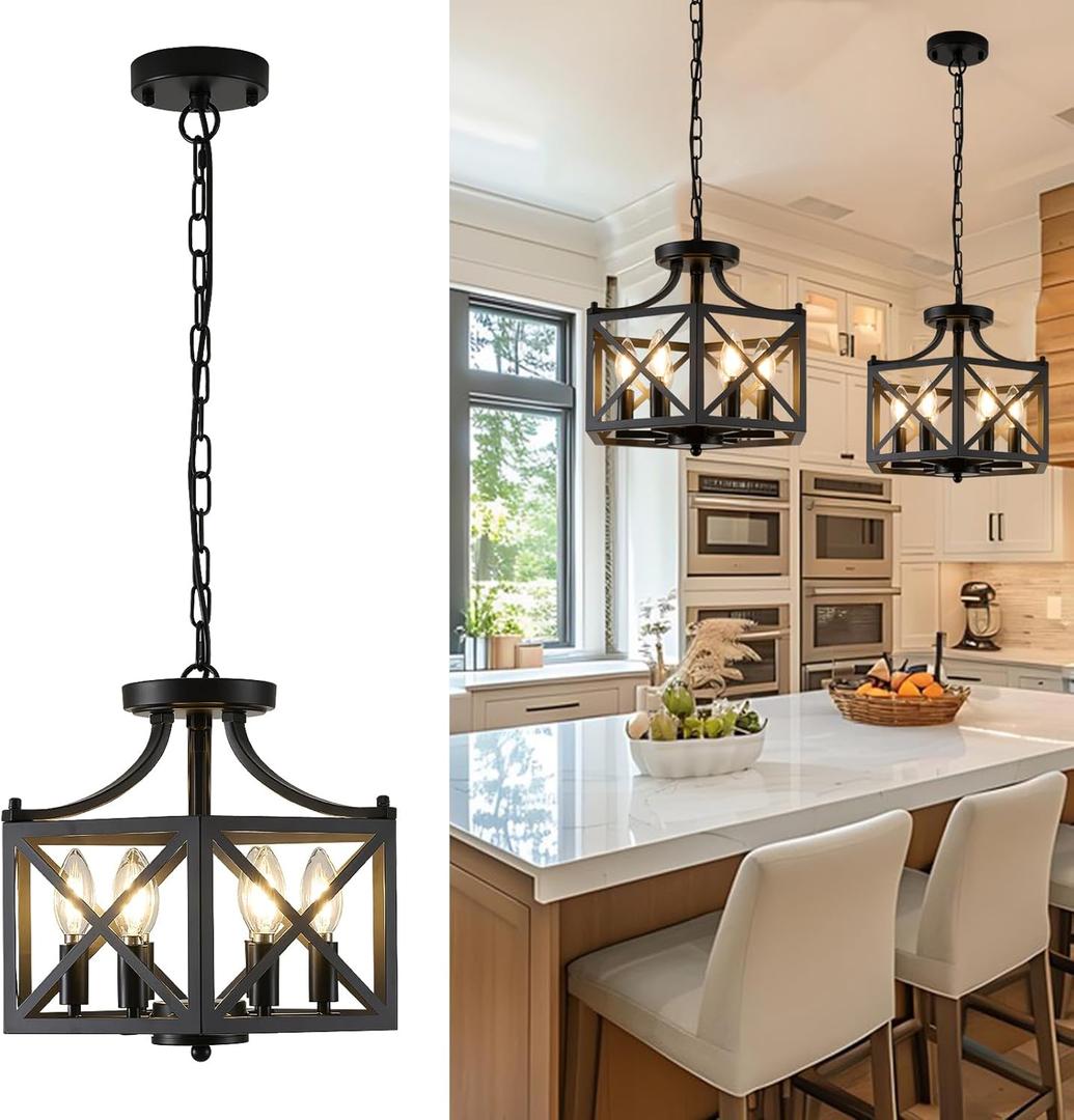 6-Light Pendant Lights Kitchen Island, Modern Black Pendant Light Fixture with Hexagonal Metal Cage, Adjustable Geometric Hanging Light for Entryway Foyer Dining Room, 1 Pack