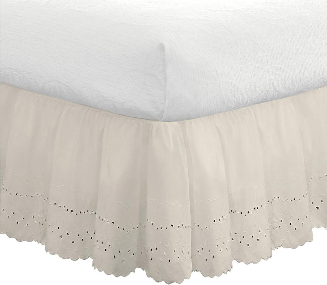 FRESH IDEAS Eyelet Bed Skirt Dust Ruffle Embroidered Details, Classic 14 Drop Length Gathered Styling, Twin, Ivory (FRE30014IVOR01)